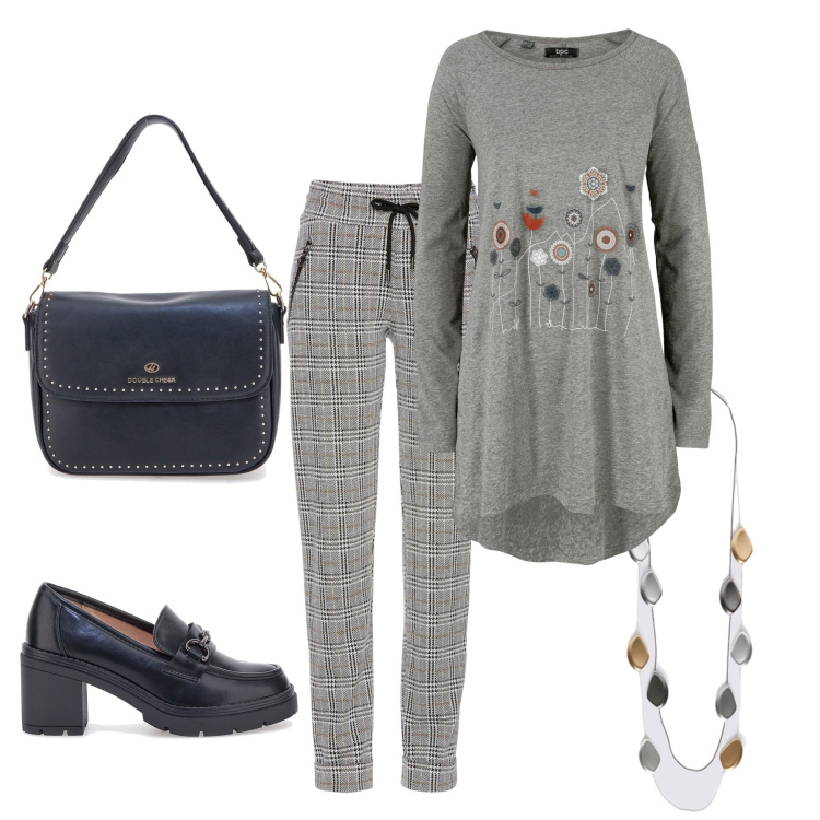 Outfit donna - A casa di amici. Stile Casual per Tutti i giorni. Abbinamento con pantaloni, maglieria, mocassini, borse a tracolla, collane.