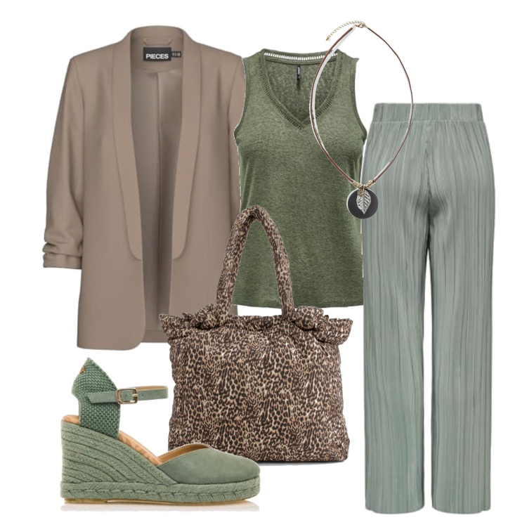 Outfit femme - Septembre. Style Casual chic pour Tous les jours. Assortir avec colliers, pantalon , blazers, chaussures à semelle compensée, débardeurs à bretelles, sacs tote.