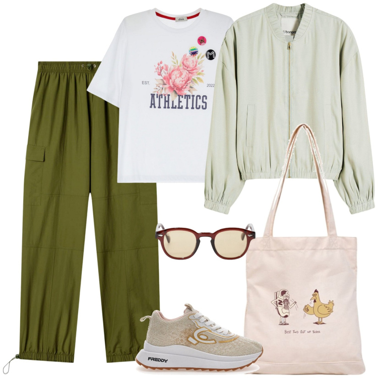 Outfit donna - In autobus. Stile Casual per Tutti i giorni. Abbinamento con bomber, pantaloni cargo, shopping bag, occhiali da sole, t-shirt, sneakers.