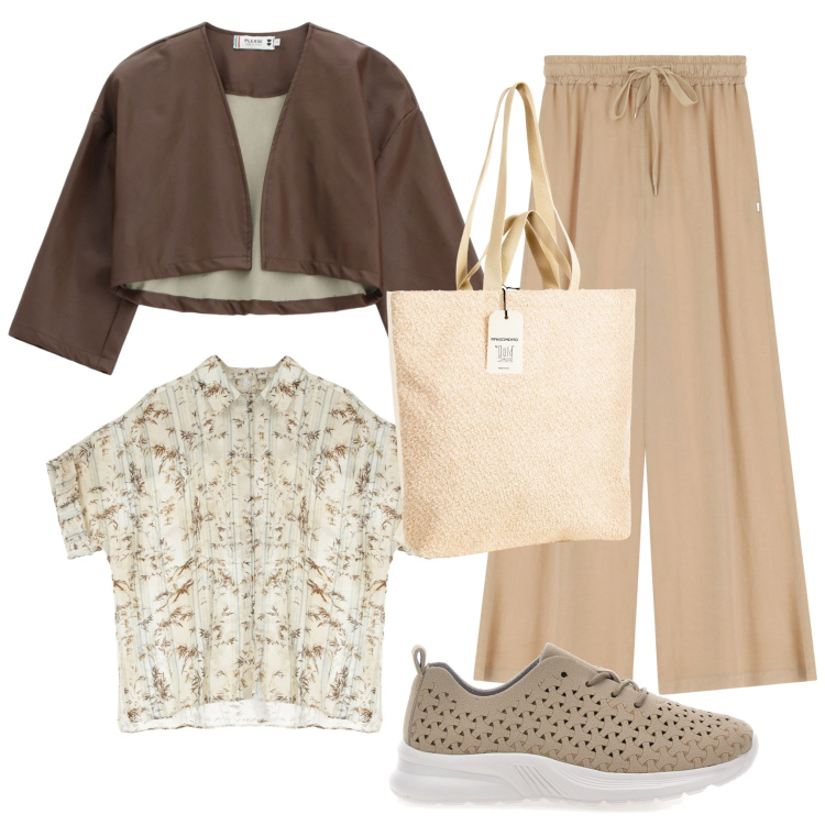 Outfit donna - Il giacchetto in pelle. Stile Casual per Tutti i giorni. Abbinamento con borse tote, pantaloni a palazzo, giacche, camicie a manica corta, sneakers.