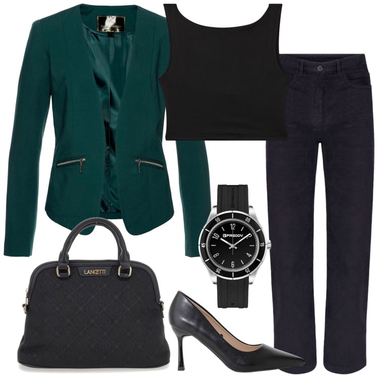 Outfit donna - Appuntamento serale. Stile Casual chic per Tutti i giorni. Abbinamento con blazer, top, décolleté, orologi, borse a spalla, pantaloni.