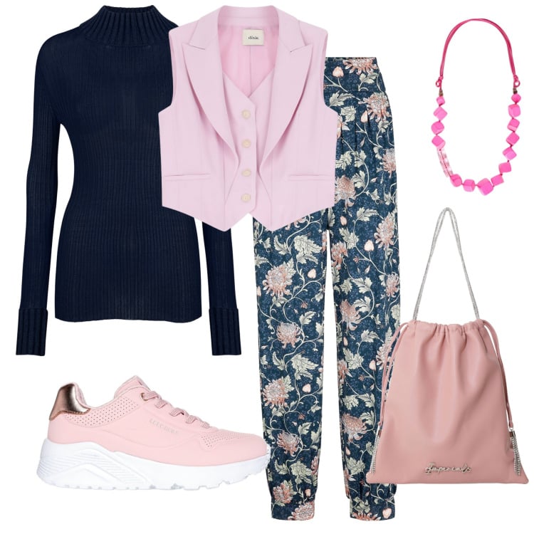 Outfit donna - Il pantalone floreale. Stile Casual per Tutti i giorni. Abbinamento con pantaloni, borse a secchiello, gilet, sneakers, maglieria, collane.
