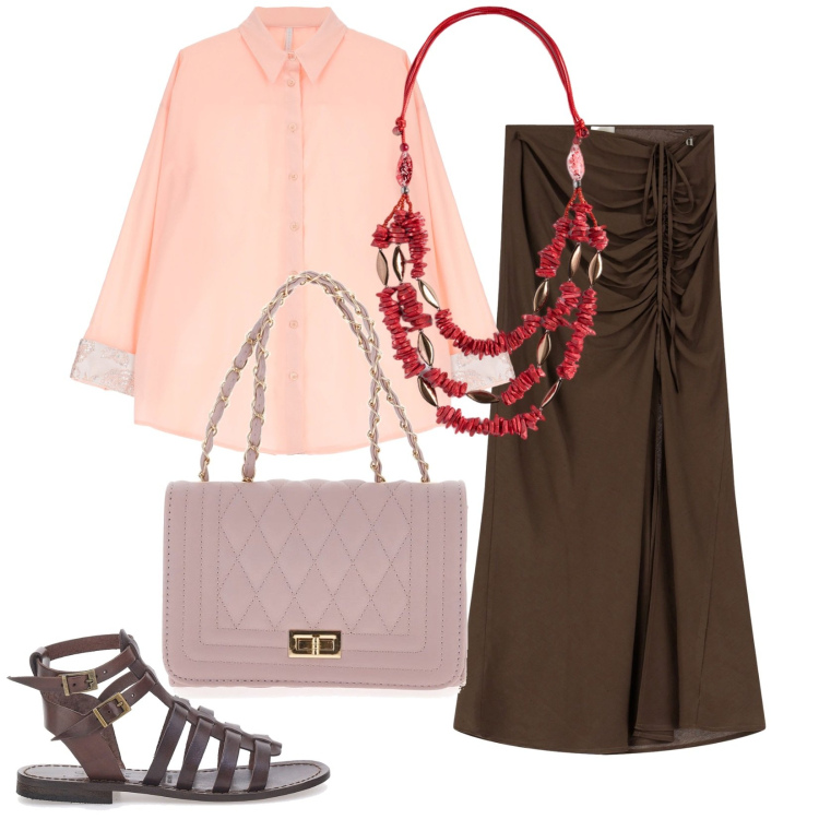 Outfit donna - Comfy. Stile Casual per Tutti i giorni. Abbinamento con camicie, gonne lunghe, collane, borse a tracolla, sandali alla schiava.