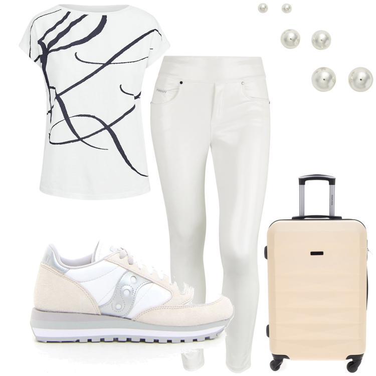Outfit donna - In viaggio con le perle. Stile Sporty chic per Tutti i giorni. Abbinamento con pantaloni skinny, maglieria, orecchini, valigie, sneakers.