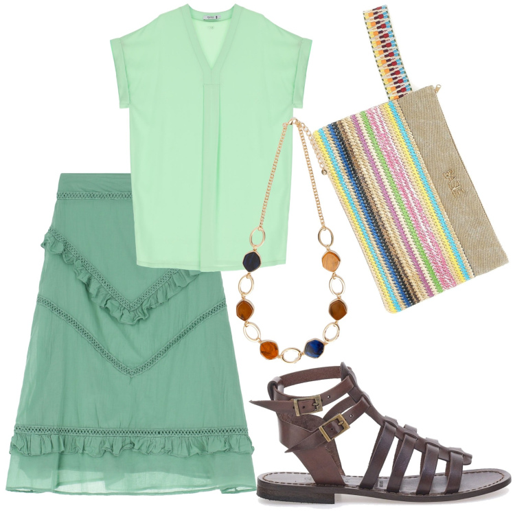 Outfit donna - Delicata in verde. Stile Boho per Tutti i giorni. Abbinamento con vestiti corti, gonne longuette, sandali alla schiava, collane, pochette.