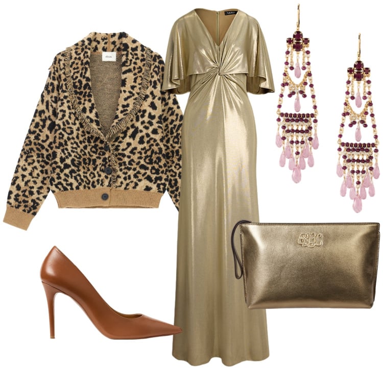 Outfit donna - Serata ruggente. Stile Trendy per Serata fuori. Abbinamento con cardigans, orecchini, pochette, décolleté, vestiti.