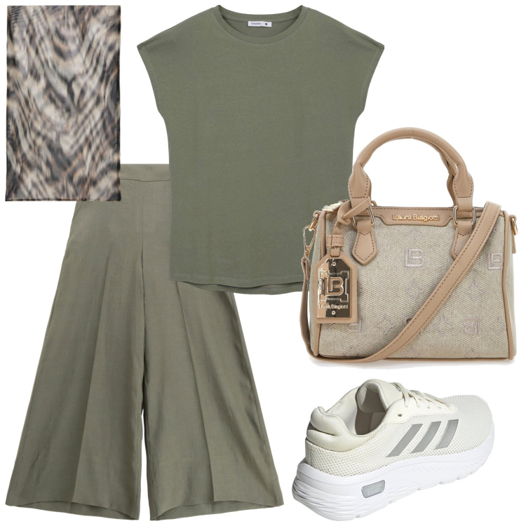 Outfit donna - Casual in città. Stile Casual per Tutti i giorni. Abbinamento con t-shirt, pantaloni, foulard, sneakers, borse a tracolla.