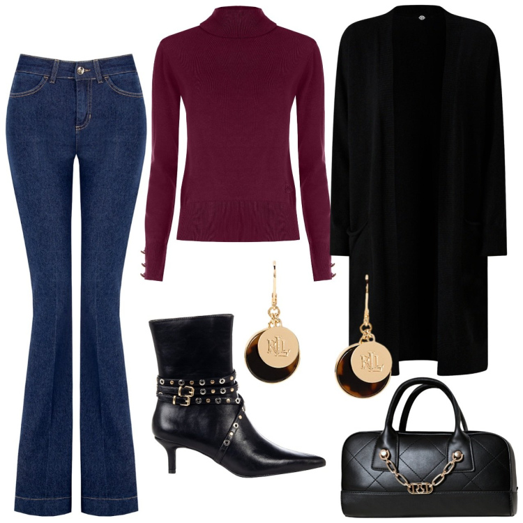 Outfit donna - Per le vie del centro. Stile Casual chic per Tutti i giorni. Abbinamento con cardigans, maglieria, jeans a zampa, borse a mano, stivaletti, orecchini.