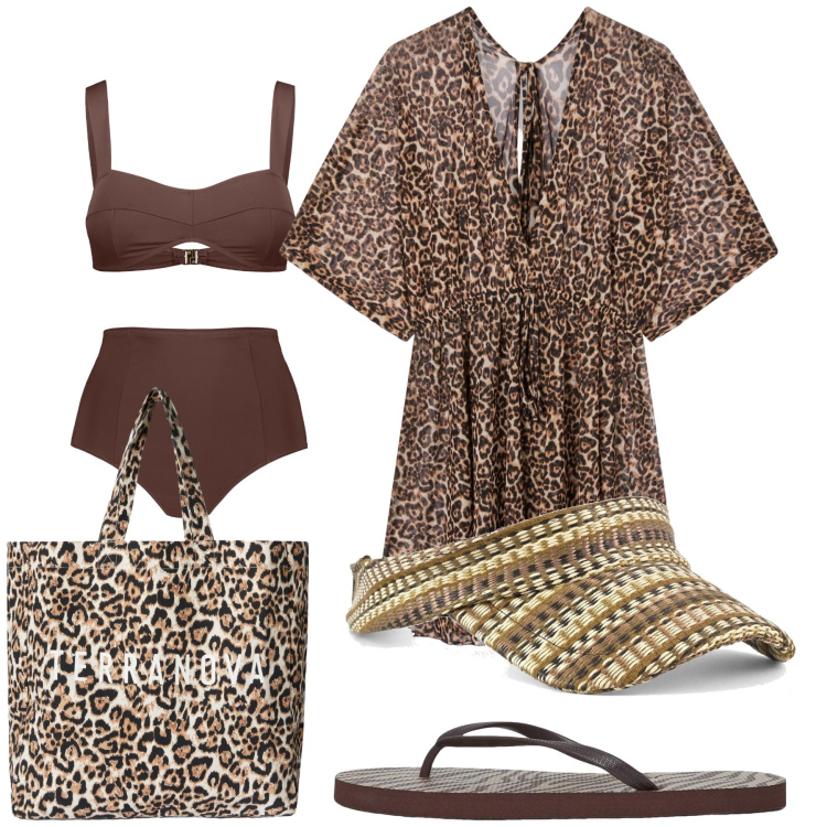 Outfit donna - Il primo caffè sulla spiaggia. Stile Trendy per Mare. Abbinamento con infradito, vestiti da spiaggia, borse tote, cappelli con visiera, bikini.