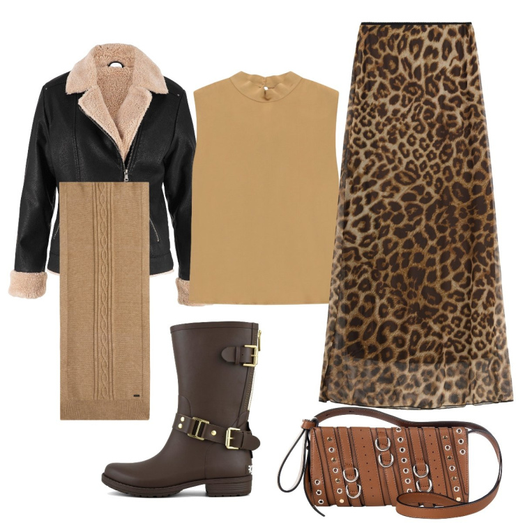 Outfit donna - Mattinata di settembre. Stile Trendy per Tutti i giorni. Abbinamento con blazer, borse a spalla, sciarpe, gonne lunghe, top, stivali.