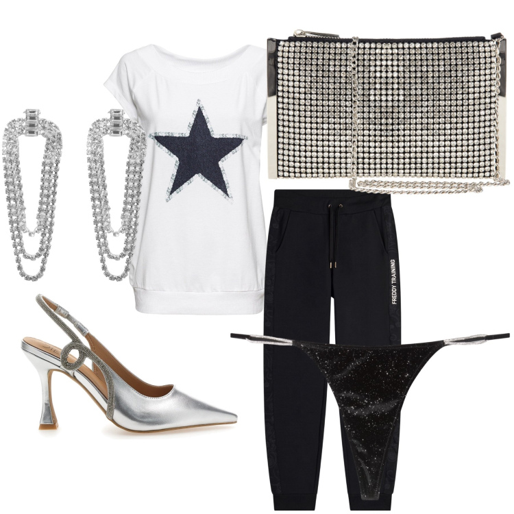 Outfit donna - Ancora una happy hour sotto le stelle. Stile Glamour per Serata fuori. Abbinamento con t-shirt, orecchini, perizomi, pochette, pantaloni, décolleté.