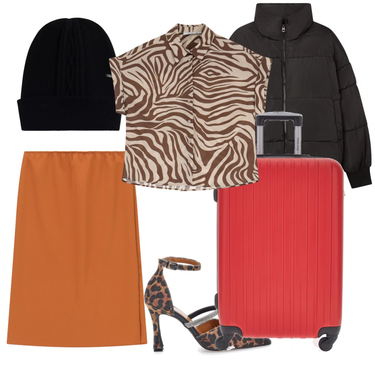 Outfit donna - Partenza per il nord. Stile Trendy per Tutti i giorni. Abbinamento con bomber, camicie a manica corta, cappelli, gonne, valigie, décolleté.