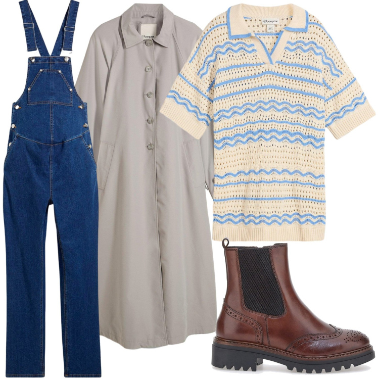 Outfit donna - Praticità pronta per il divertimento. Stile Basic per Tutti i giorni. Abbinamento con salopette, polo, trench, stivaletti chelsea.