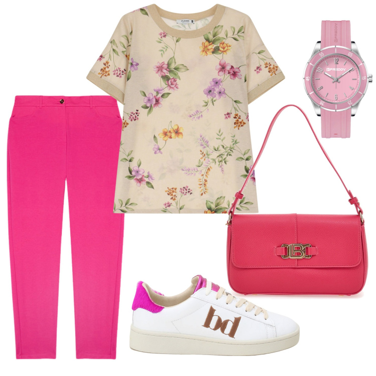 Outfit donna - Fiorella Rubino. Stile Casual per Tutti i giorni. Abbinamento con t-shirt, orologi, sneakers, borse a spalla, pantaloni chino.