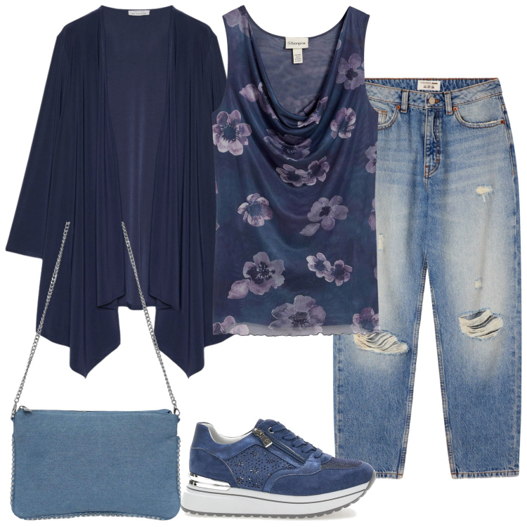 Outfit donna - Jeans e fiori. Stile Casual per Tutti i giorni. Abbinamento con top, borse a tracolla, jeans mom, sneakers, blazer.