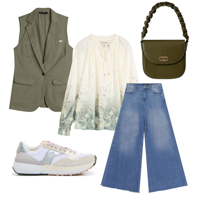 Outfit donna - Passeggiata in città. Stile Casual per Tutti i giorni. Abbinamento con bluse, borse a mano, gilet, jeans a zampa, sneakers.