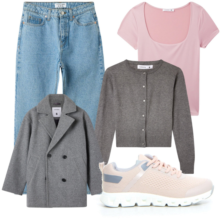 Outfit donna - Un po di colore non guasta. Stile Casual per Tutti i giorni. Abbinamento con jeans mom, t-shirt, cardigans, caban, sneakers.