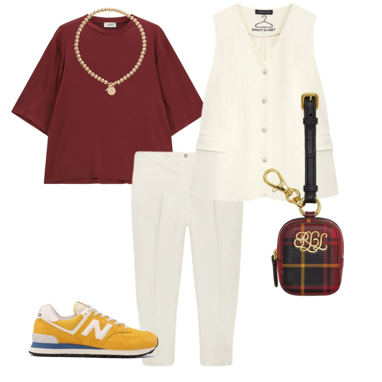 Outfit donna - Domenica mattina. per Tutti i giorni. Abbinamento con sneakers, top, pochette, collane, gilet, pantaloni.