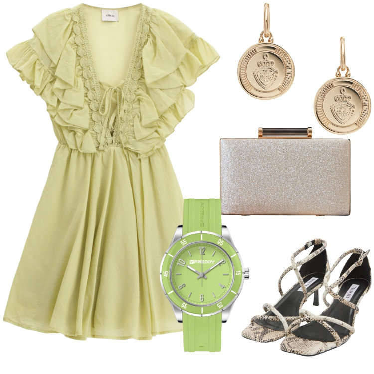 Outfit donna - Stamattina cerimonia. Stile Trendy per Cerimonia. Abbinamento con sandali col tacco, clutch, orologi, vestiti corti, orecchini.