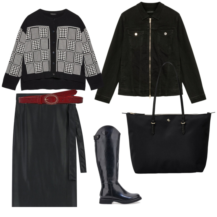 Outfit donna - Il nero in autunno. per Tutti i giorni. Abbinamento con cinture, gonne longuette, borse tote, blazer, stivali, cardigans.