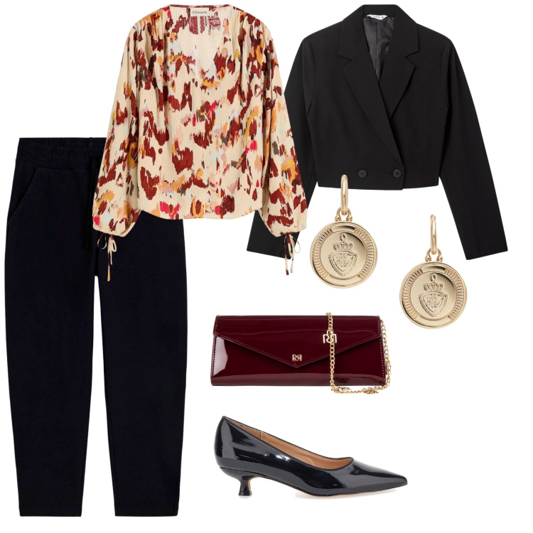 Outfit donna - Il grande Giorgio. per Tutti i giorni. Abbinamento con bluse, blazer, pochette, pantaloni, orecchini, décolleté.