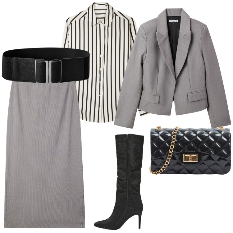 Outfit donna - A lavoro. per Ufficio. Abbinamento con borse a tracolla, blazer, gonne longuette, cinture, camicie, stivali.