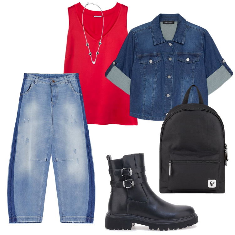 Outfit donna - Al parco. per Tutti i giorni. Abbinamento con jeans, zaini, collane, stivaletti, blazer, top.