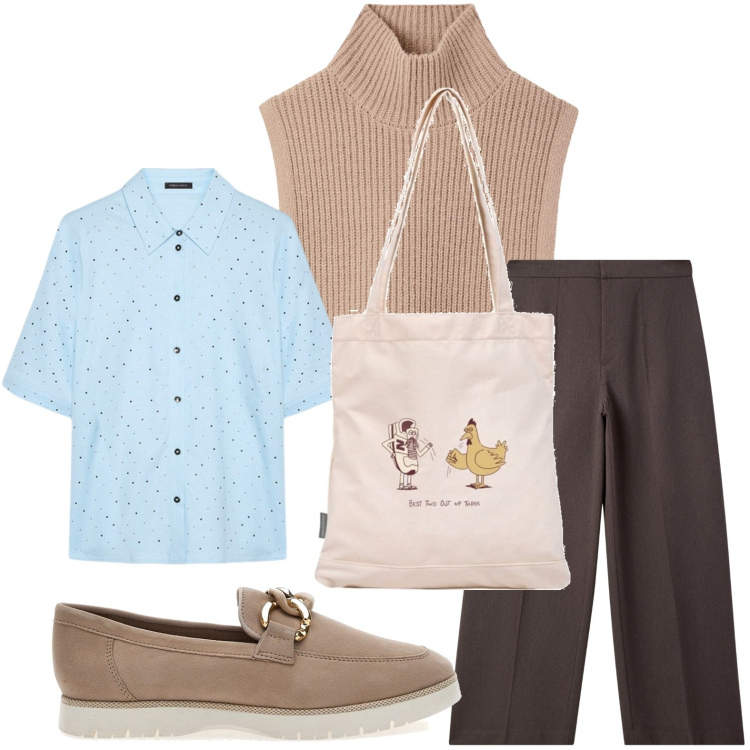 Outfit donna - Al caldo con il poncho. Stile Etnico per Ufficio. Abbinamento con cappotti, pantaloni, shopping bag, camicie a manica corta, mocassini.