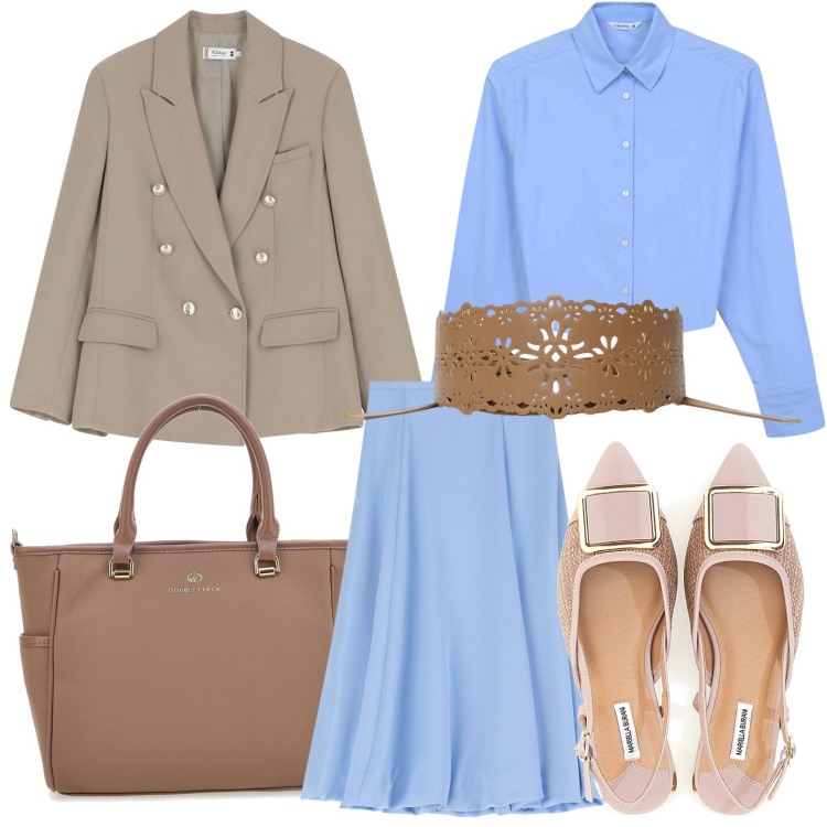 Outfit donna - Il blazer must have. Stile Casual chic per Ufficio. Abbinamento con camicie, cinture, blazer, gonne longuette, borse a tracolla, ballerine.