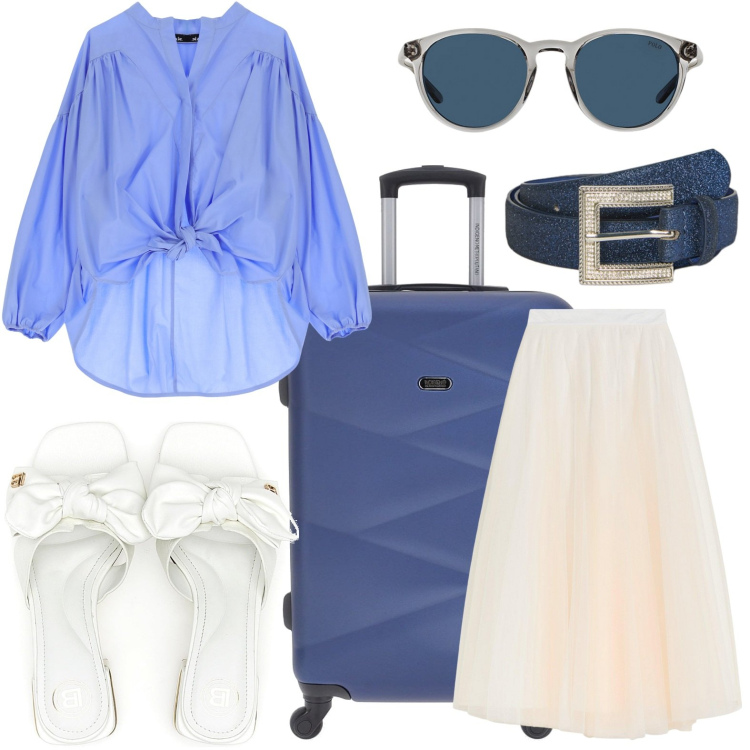 Outfit donna - La camicia dal fascino quotidiano. Stile Bon Ton per Tutti i giorni. Abbinamento con gonne lunghe, camicie, occhiali da sole, ciabatte, valigie, cinture.