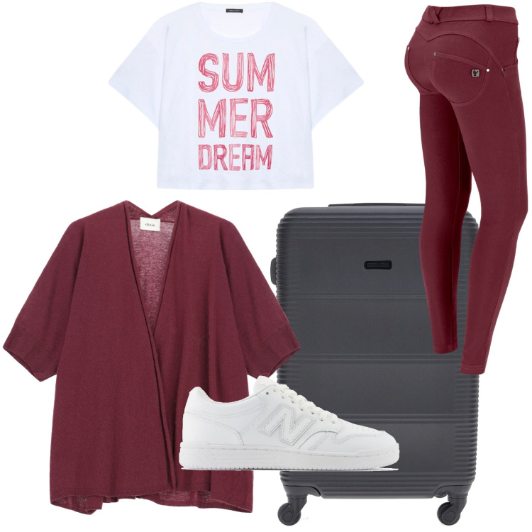 Outfit donna - Summer dream. Stile Casual per Tutti i giorni. Abbinamento con sneakers, pantaloni skinny, cardigans, valigie, t-shirt.