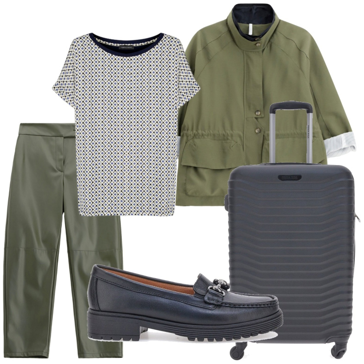 Outfit donna - Valigia funzionale. Stile Basic per Tutti i giorni. Abbinamento con parka, pantaloni, t-shirt, valigie, mocassini.