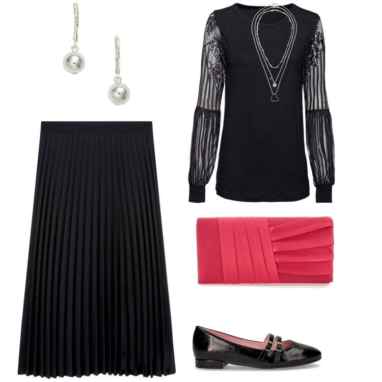 Outfit donna - Gonna lunga e ballerina. per Serata fuori. Abbinamento con bluse, collane, gonne lunghe, orecchini, pochette, ballerine.