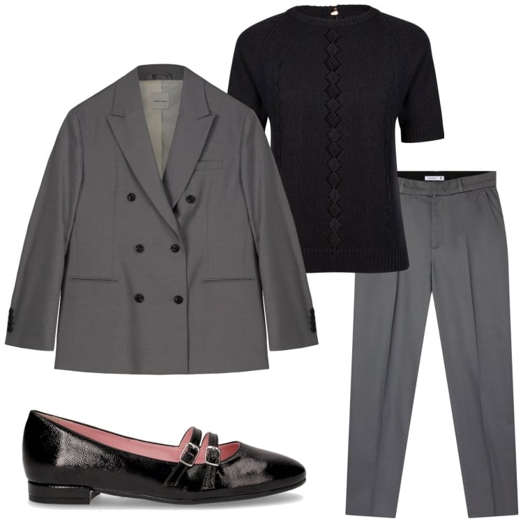 Outfit donna - Ritorno in ufficio. Stile Urban per Ufficio. Abbinamento con pantaloni chino, ballerine, maglieria, blazer.