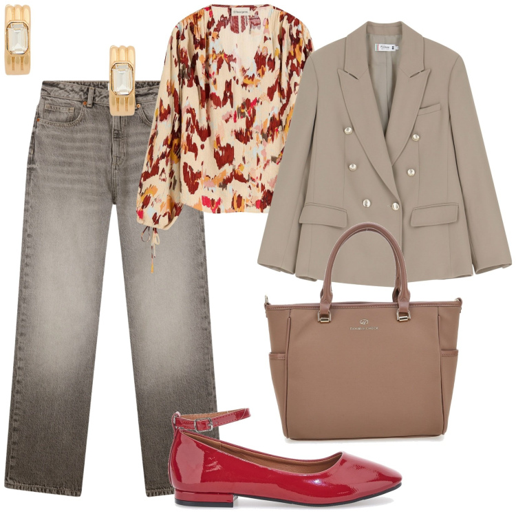 Outfit donna - Marrone e ballerina rossa. per Scuola/Università. Abbinamento con bluse, jeans dritti, blazer, orecchini, borse a tracolla, ballerine.