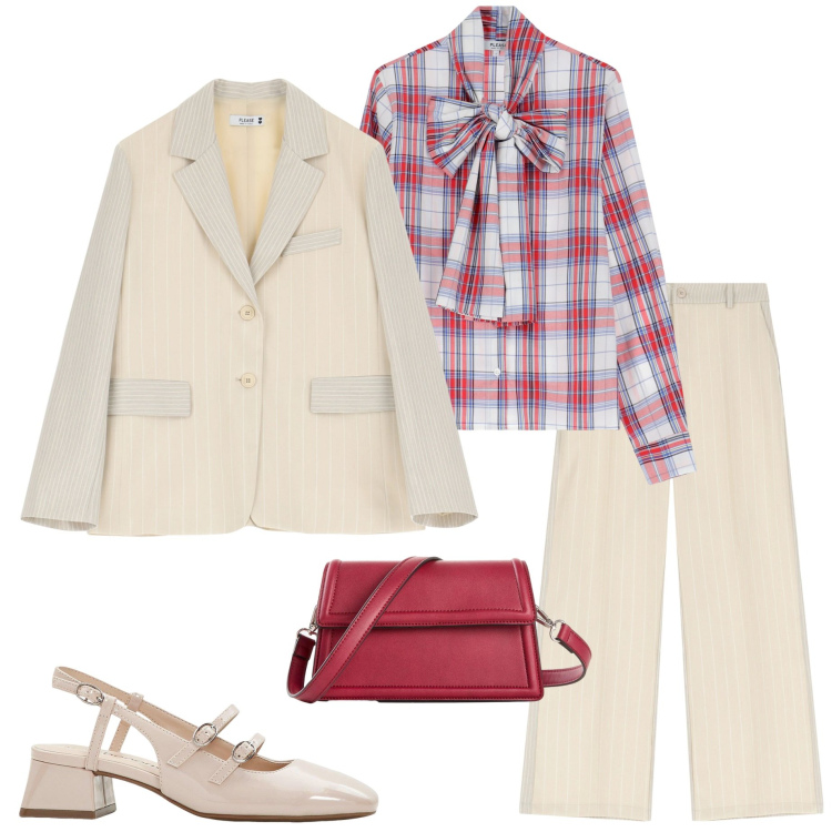 Outfit donna - Tailleur a settembre. Stile Casual chic per Ufficio. Abbinamento con décolleté, borse a tracolla, pantaloni, camicie, blazer.