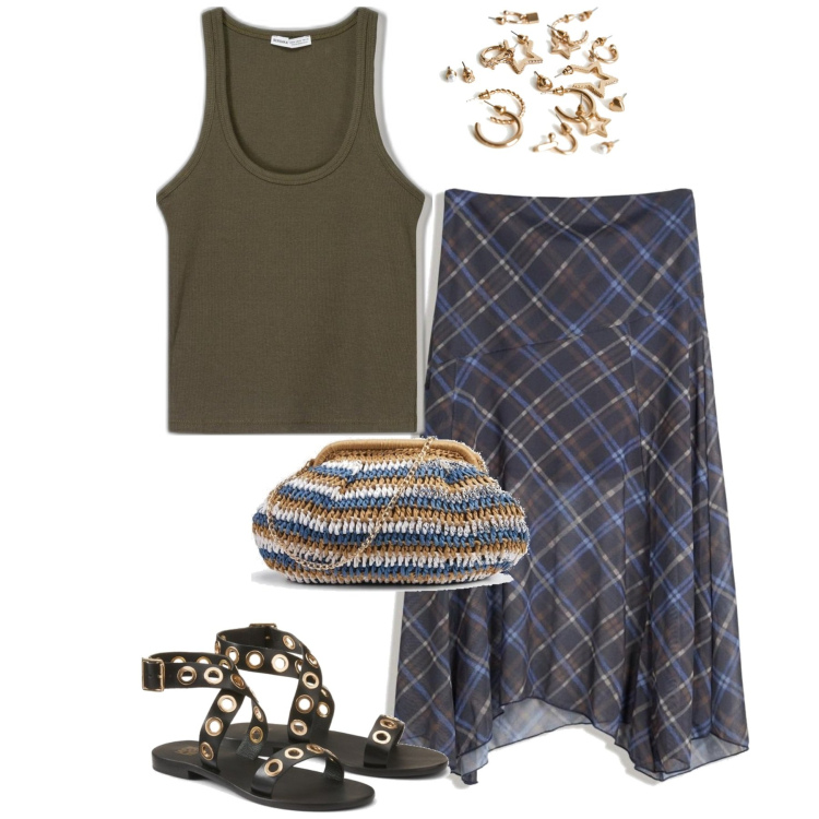 Outfit mujer - Boho #2380. Estilo Boho para Todos los días. Combinación con bolsos de mano, sandalias de piel, falda longuette, pendientes, camisetas sin mangas.
