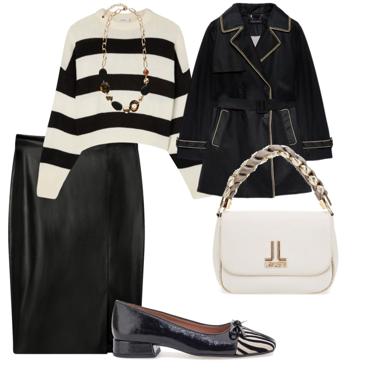 Outfit donna - In ufficio così. per Ufficio. Abbinamento con maglieria, gonne longuette, trench, borse a tracolla, ballerine, collane.