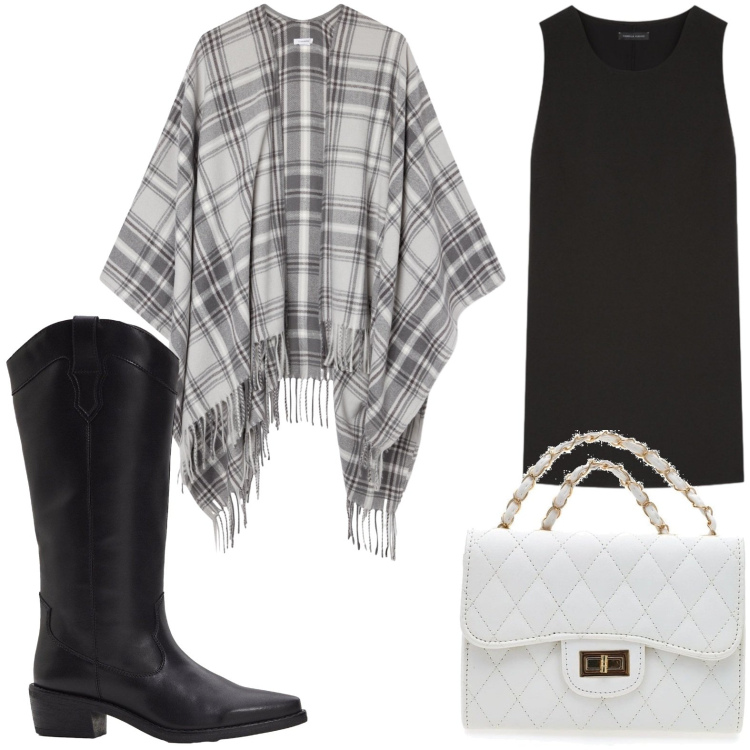 Outfit donna - Il poncho con carattere. Stile Chic per Ufficio. Abbinamento con stivali, cappotti, vestiti corti, borse a tracolla.