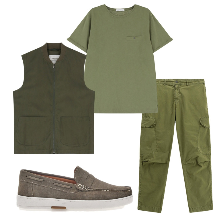 Outfit uomo - Verde militare. Stile Casual per Tutti i giorni. Abbinamento con t-shirt, pantaloni cargo, gilet, scarpe stringate.