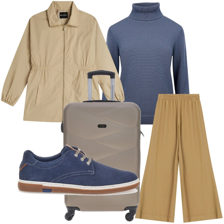 Outfit donna - Sportiva con il parka. Stile Urban per Tutti i giorni. Abbinamento con parka, pantaloni a palazzo, maglieria, scarpe stringate, valigie.