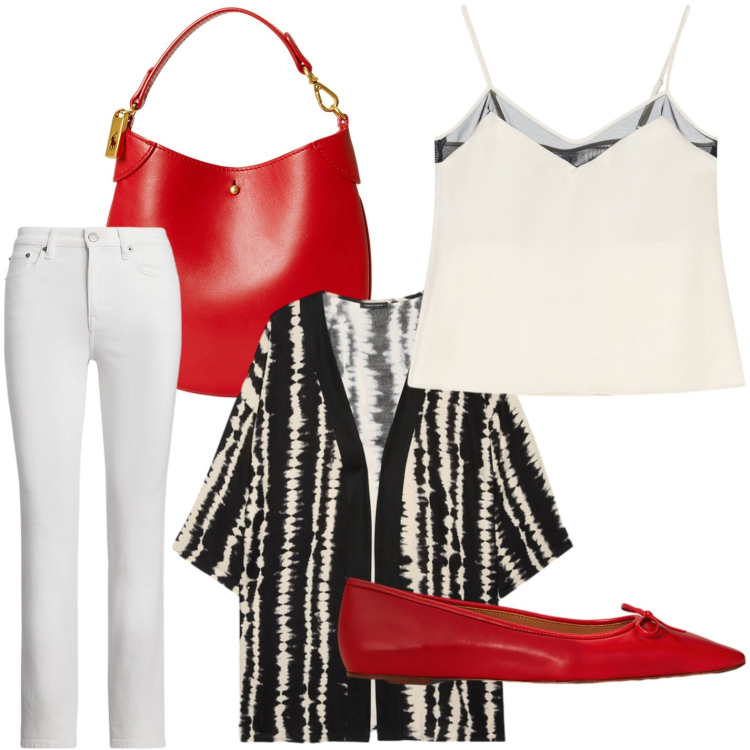 Outfit donna - Kimono stampa tie dye. Stile Chic per Ufficio. Abbinamento con top, ballerine, pochette, jeans dritti, kimono.