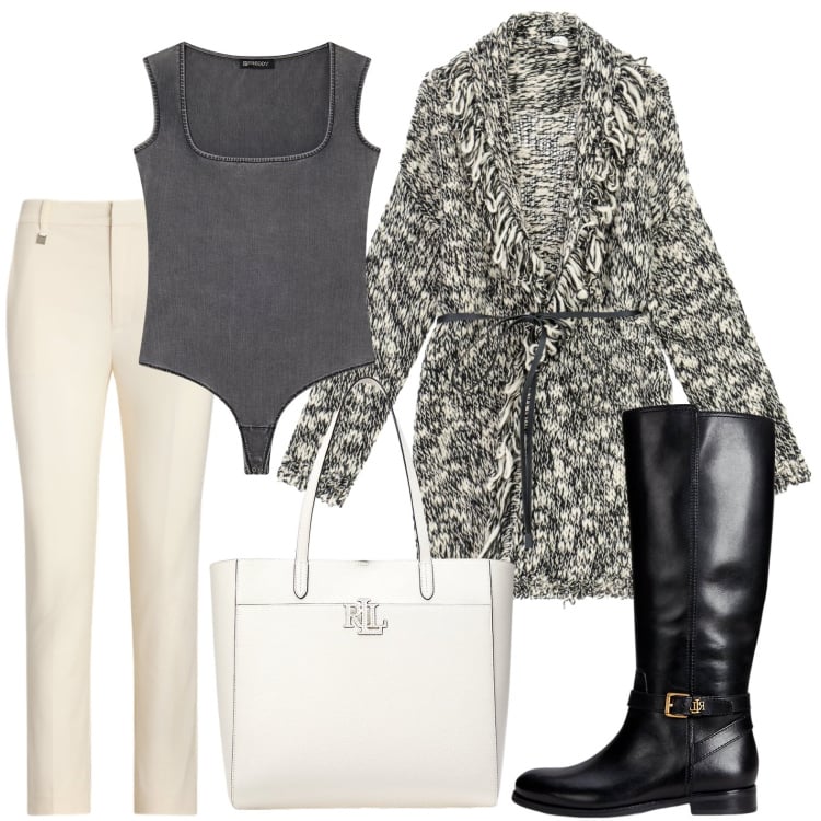 Outfit donna - Effetto frange. Stile Chic per Ufficio. Abbinamento con body, cardigans, borse tote, pantaloni, stivali.