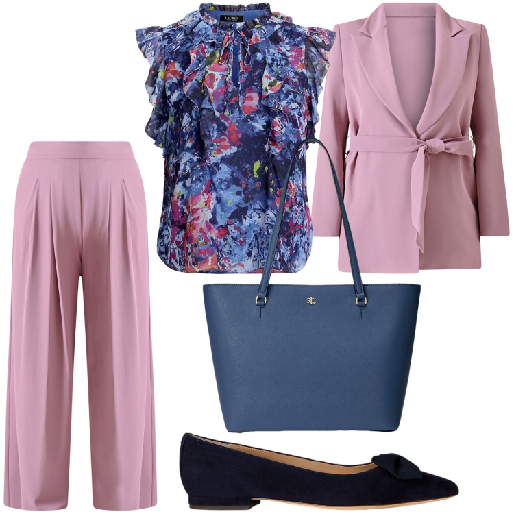 Outfit donna - Il completo Rosa ortensia. Stile Minimal per Ufficio. Abbinamento con blazer, pantaloni a palazzo, borse tote, top, ballerine.