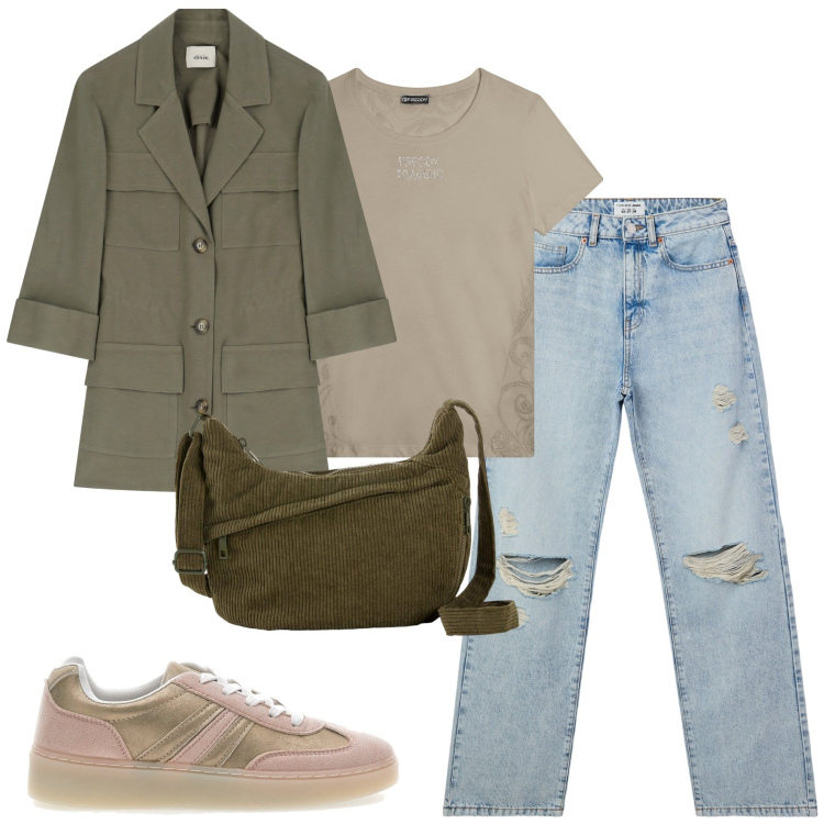 Outfit donna - City. Stile Casual per Tutti i giorni. Abbinamento con borse a tracolla, jeans strappati, t-shirt, blazer, sneakers.