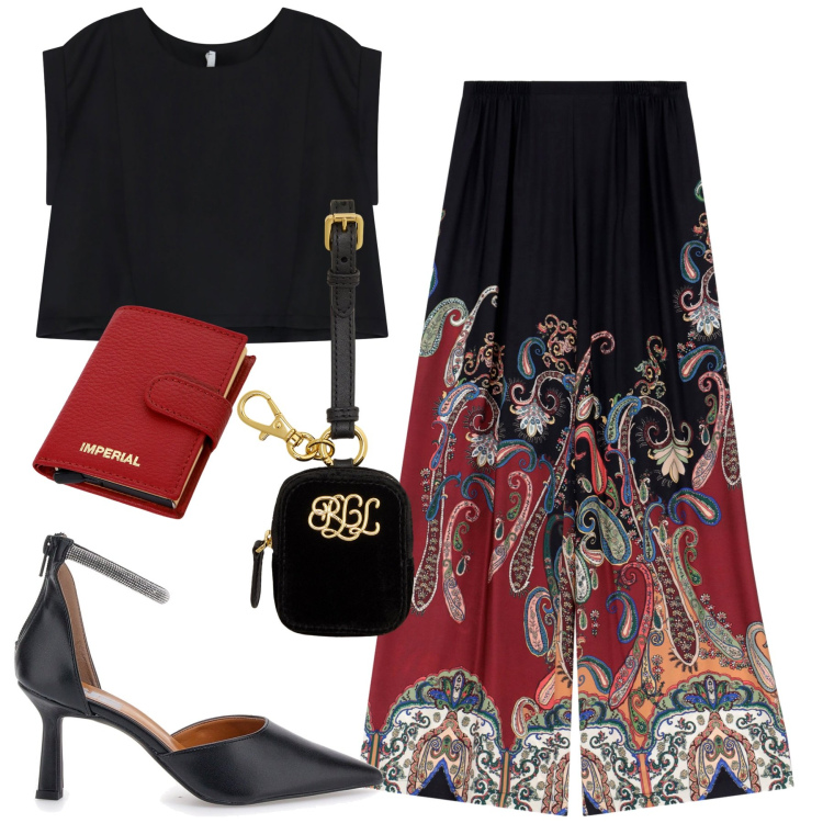 Outfit donna - Appunti di viaggio. Stile Glamour per Serata fuori. Abbinamento con portafogli, pantaloni a palazzo, top, pochette, décolleté.