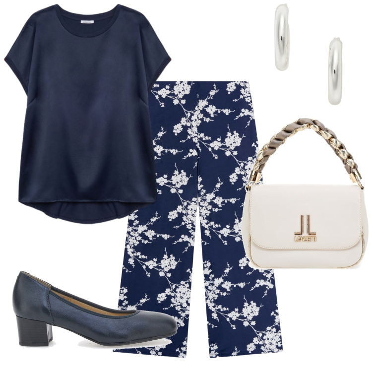 Outfit donna - Blu e fiori bianchi. Stile Casual chic per Tutti i giorni. Abbinamento con pantaloni, orecchini, borse a tracolla, décolleté, bluse.