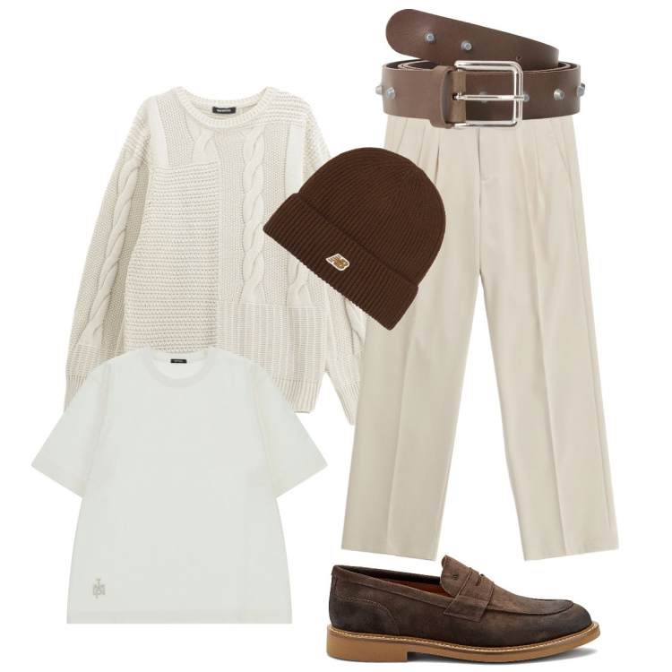 Outfit uomo - Domenica mattina. Stile Trendy per Tutti i giorni. Abbinamento con berretti, cinture, t-shirt, maglieria, pantaloni, scarpe stringate.