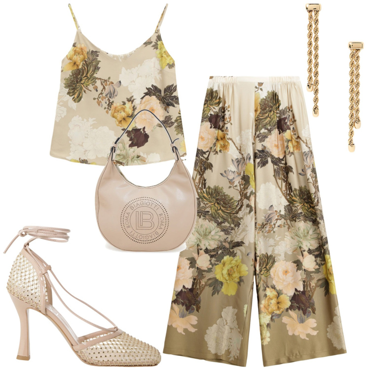 Outfit donna - Settembre. Stile Romantica per Tutti i giorni. Abbinamento con pantaloni a palazzo, top, décolleté, orecchini, borse a spalla.