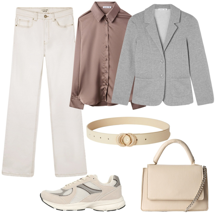 Outfit donna - Un po\' casual un po\' chic. Stile Casual chic per Tutti i giorni. Abbinamento con camicie, jeans bootcut, blazer, sneakers, cinture, borse a tracolla.